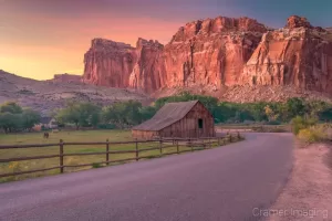 Cramer Imaging's fine art landscape photograph of Gifford Homestead barn at sunset at Capitol Reef National Park Utah