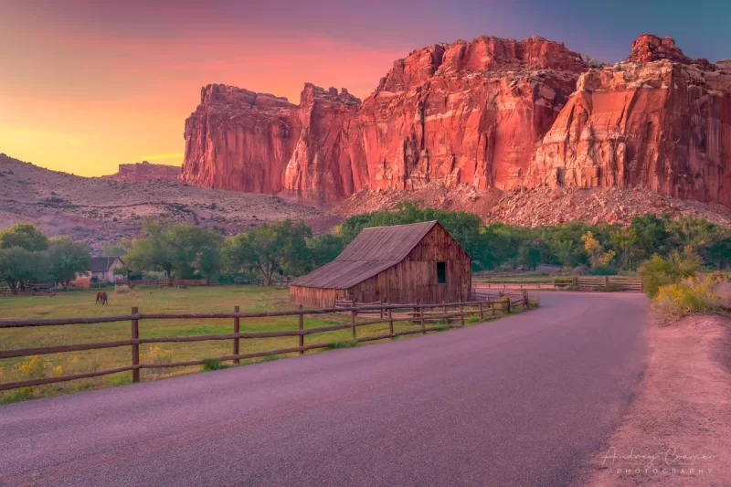 Audrey Cramer Photography's fine art landscape photograph of Gifford Homestead barn at sunset at Capitol Reef National Park Utah