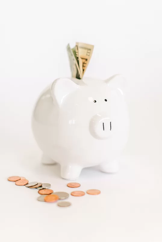 Photograph of a white piggy bank with money bills in the slot and coins down in front