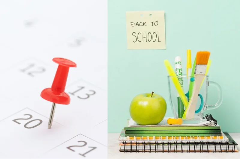 Back-to-school supplies with a pin in a calendar date