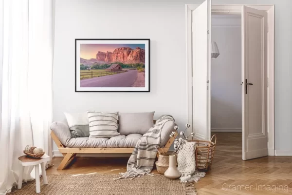 Photograph of Cramer Imaging's landscape photo "Homestead" in a cozy neutral-toned living room