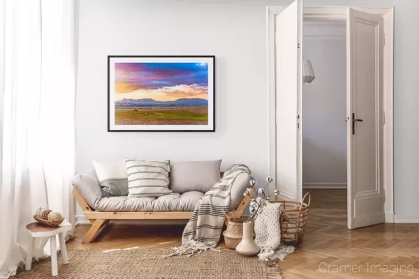 Photograph of Cramer Imaging's landscape photo "Open Range" in a cozy neutral-toned living room