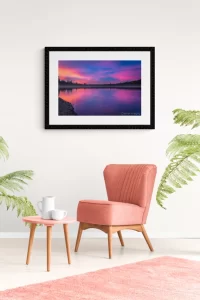 Photograph of Cramer Imaging's "Dragon Fire" on a wall with a pink chair and rug along with plants