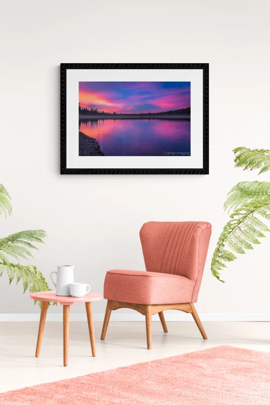 Photograph of Audrey Cramer Photography's "Dragon Fire" on a wall with a pink chair and rug along with plants