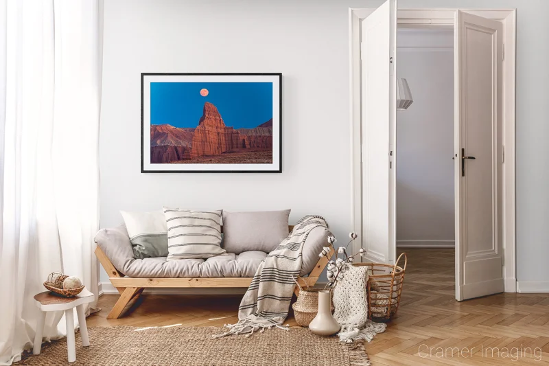 Photograph of Cramer Imaging's landscape photo "Temple of the Moon" in a cozy neutral-toned living room