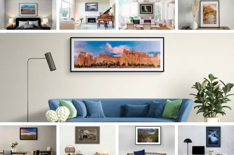 Collage of photos displaying Cramer Imaging landscape photography on the wall