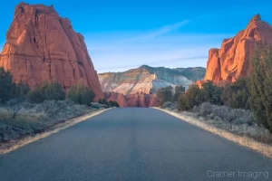 Cramer Imaging's fine art landscape photograph looking up a road passing between two rocks at Kodachrome State Park Utah