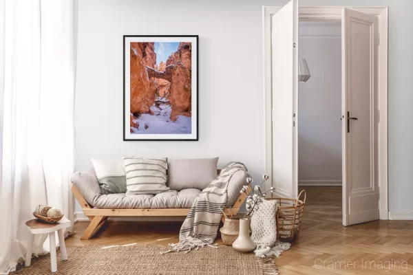 Photograph of Cramer Imaging's landscape photo "Wintery Two Bridges" in a cozy neutral-toned living room