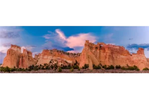 Cramer Imaging's fine art landscape panorama photograph of the Kaiparowiets plateau featuring Grosvenor Arch in Escalante National Monument Utah at sunset