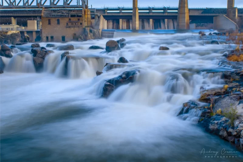 Audrey Cramer Photography's fine art landscape photo of the American Falls reservoir spillway and Snake River full of silky smooth water