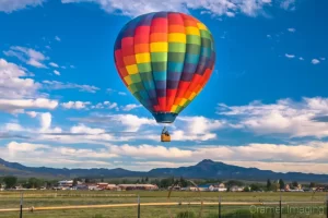 Cramer Imaging's fine art photograph of a hot air balloon taking flight in Panguitch Utah over a farm field and mountains