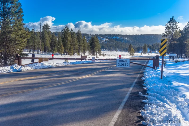 Photo of seasonal road closure and barricade in Bryce Canyon National Park Utah