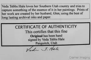 Certificate of authenticity for a Veda Hale watercolor painting