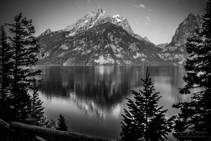 Audrey Cramer Photography's quality black and white landscape photograph of Jenny Lake reflecting the mountains in Grand Teton National Park Wyoming