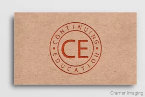 Graphic of a recycled paper business card with a continuing education logo