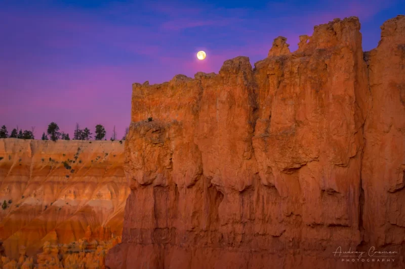 Audrey Cramer Photography's fine art landscape photograph of a Bryce Canyon wall with the moon overhead in Utah