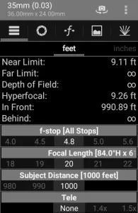 Screenshot of Depth of Field Calculator for Android