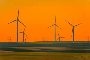 Audrey Cramer Photography's landscape photograph of windmills or wind turbines in a field at sunset in Ririe, Idaho