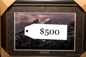 Graphic of a Cramer Imaging framed and matted landscape photo showing and expensive price tag