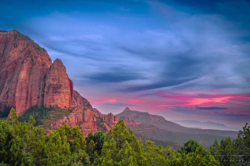 Audrey Cramer Photography's fine art landscape photograph of sunset and dramatic skies at Kolob Canyon Zion National Park Utah