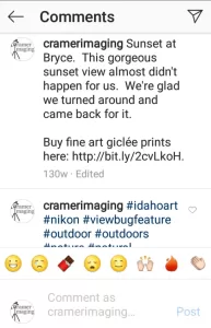 Instagram post with hashtags in first comment of comment section