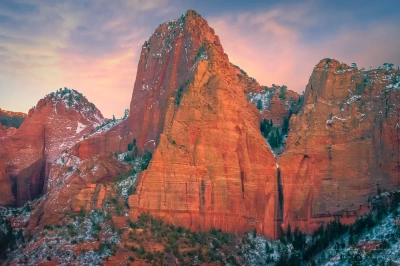 Audrey Cramer Photography's fine art landscape photograph of Kolob Canyon's finger canyons in winter in Zion National Park, Utah at sunset