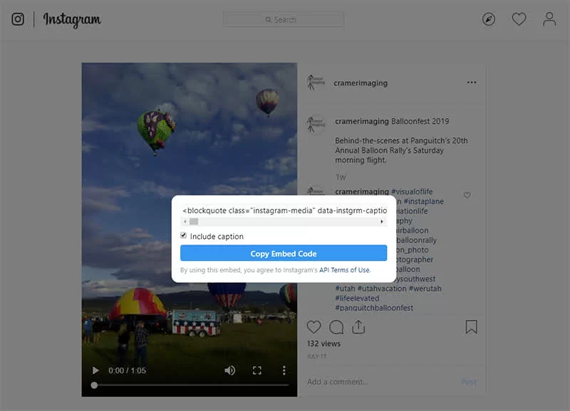 Screenshot of the embed option on a Cramer Imaging IGTV video