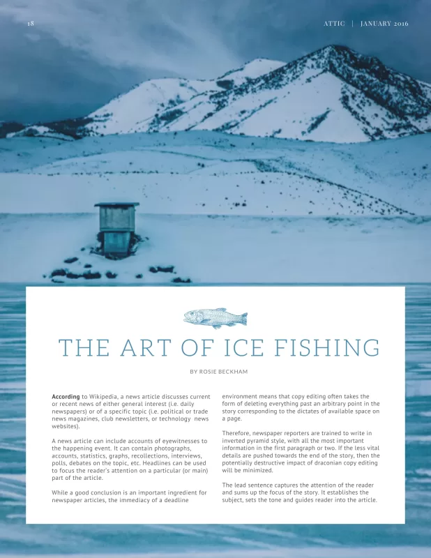 Magazine page mockup showing Cramer Imaging's "The Devil's Icy Lair" landscape photo as the feature