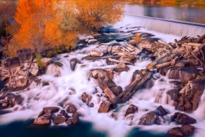 Fine art landscape photograph of the Idaho Falls waterfall with logs, rocks, and autumn leaves by Cramer Imaging