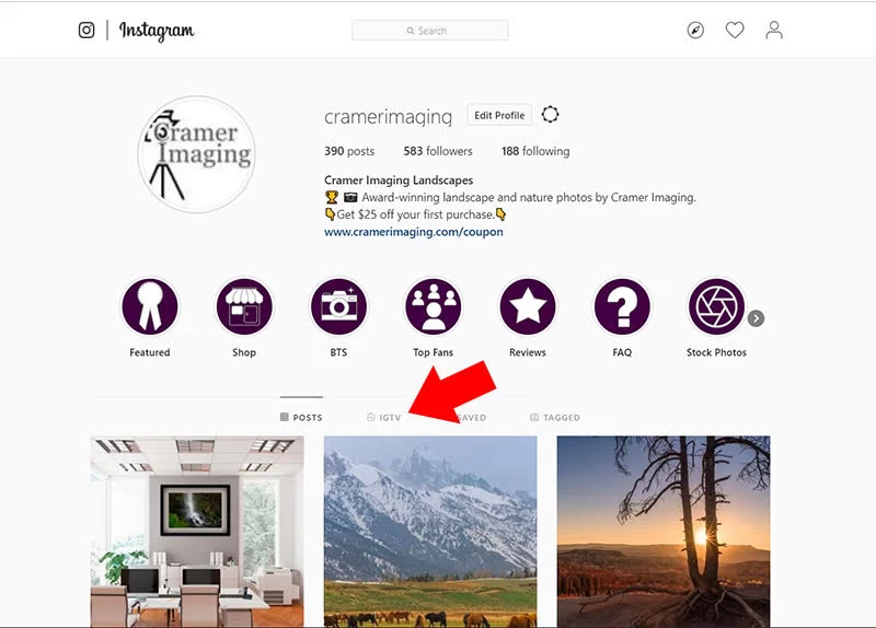 Screen shot of Cramer Imaging's business Instagram account