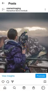 Screenshot of an Instagram post of landscape photographer Audrey Cramer at Horseshoe Bend Arizona