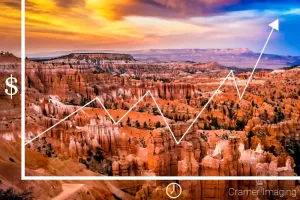 generic graphic of investing overlayed on Cramer Imaging's fine art landscape photograph of Sunset at Bryce