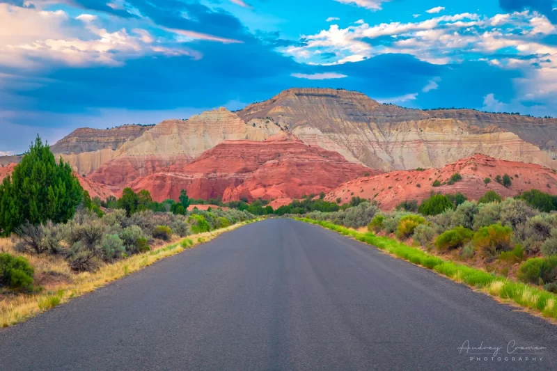 Audrey Cramer Photography's fine art landscape photograph of the road into Kodachrome State Park, Utah with dramatic skies