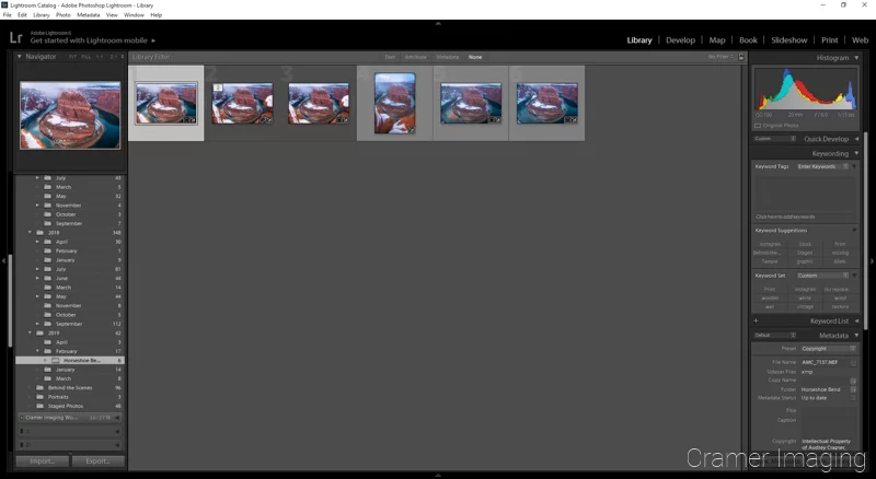 Audrey Cramer Photography's screen shot of Adobe Lightroom opened up with photos ready to process up