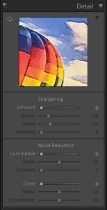 Lightroom details tab showing the sharpening sliders