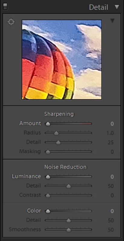 Lightroom details tab showing the sharpening sliders