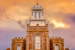 Professional quality fine art photograph of the Logan temple spire at sunset in Utah by Cramer Imaging