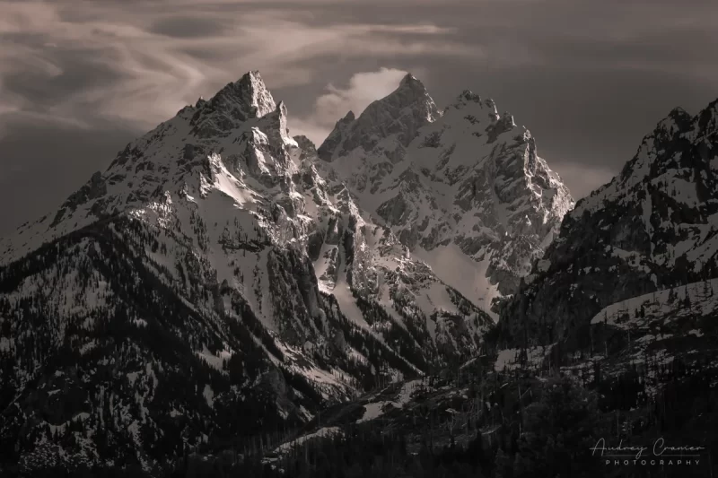 Audrey Cramer Photography's black and white landscape photograph of Teewinot Mountain in Grand Teton National Park, Wyoming