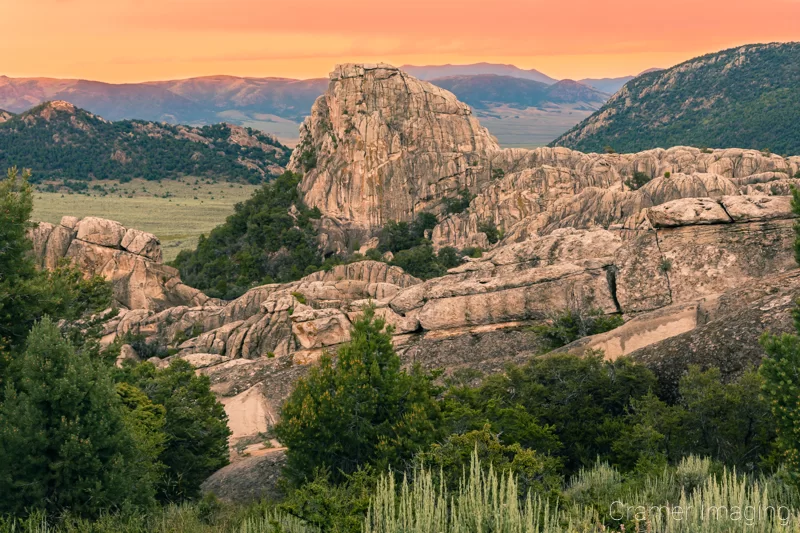 Audrey Cramer Photography's professional quality landscape photograph of a large rock formation at sunset in City of Rocks National Reserve, Idaho