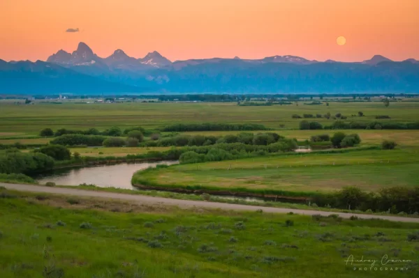 Audrey Cramer Photography's professional quality landscape photograph of the Teton mountains and river at moon rising in Tetonia, Teton, Idaho