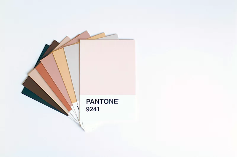 Photo containing several paint chips or paint swatches labeled pantone