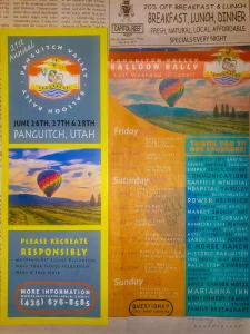 Photograph featuring an Audrey Cramer Photography hot air balloon photo as the featured image for the 2020 Panguitch Balloonfest newspaper and flyer advertising