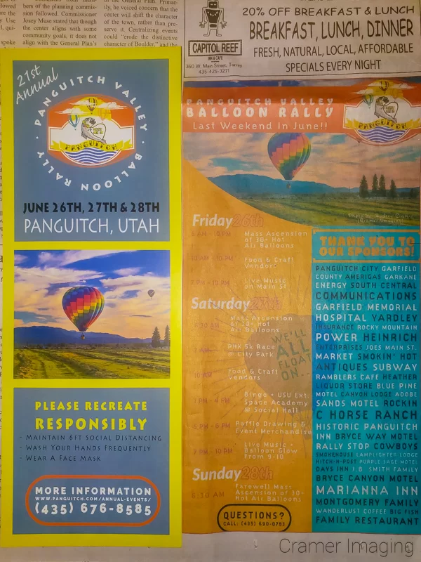 Photograph featuring a Cramer Imaging hot air balloon photo as the featured image for the 2020 Panguitch Balloonfest newspaper and flyer advertising