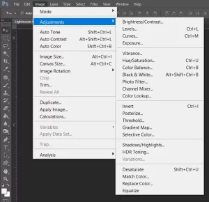 Photoshop Image Adjustment menu with sidebar adjustments