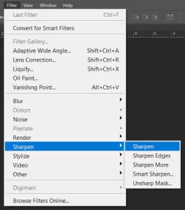 Photoshop menu for filters showing sharpening filters