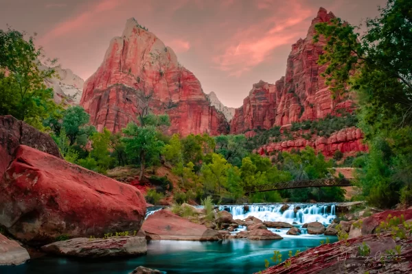 Cramer Imaging's fine art landscape photograph of a waterfall on Virgin River in Court of the Patriarchs in Zion National Park Utah