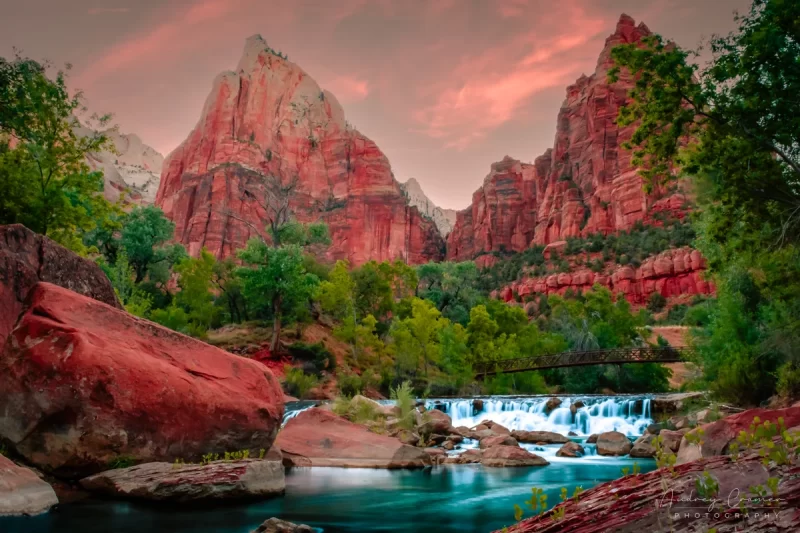 Audrey Cramer Photography's fine art landscape photograph of a waterfall on Virgin River in Court of the Patriarchs in Zion National Park Utah