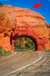 Graphic of a Red Canyon arch tunnel with a red arrow pointing to the top of the structure in Utah