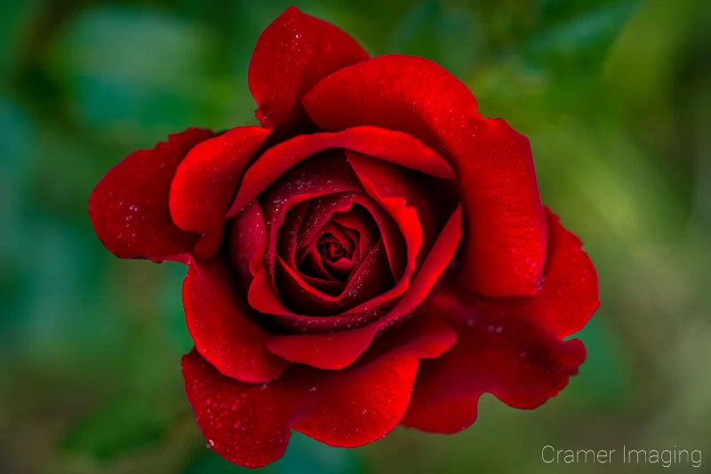 Audrey Cramer Photography's fine art nature photograph of a red rose flower shot from top down with soft green bokeh