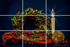 Cramer Imaging's professional quality fine art photograph of a Christmas wreath, candle, and ornament